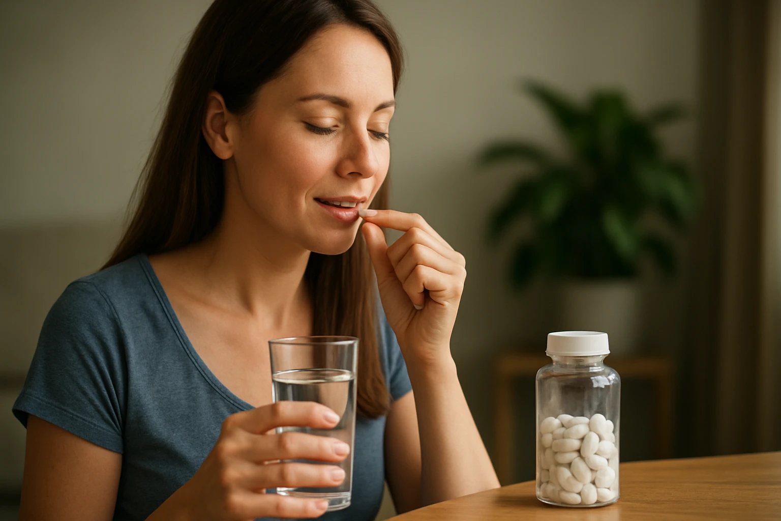 Žena vezme horčík s pohárom vody na zlepšenie zdravia a pohody.
