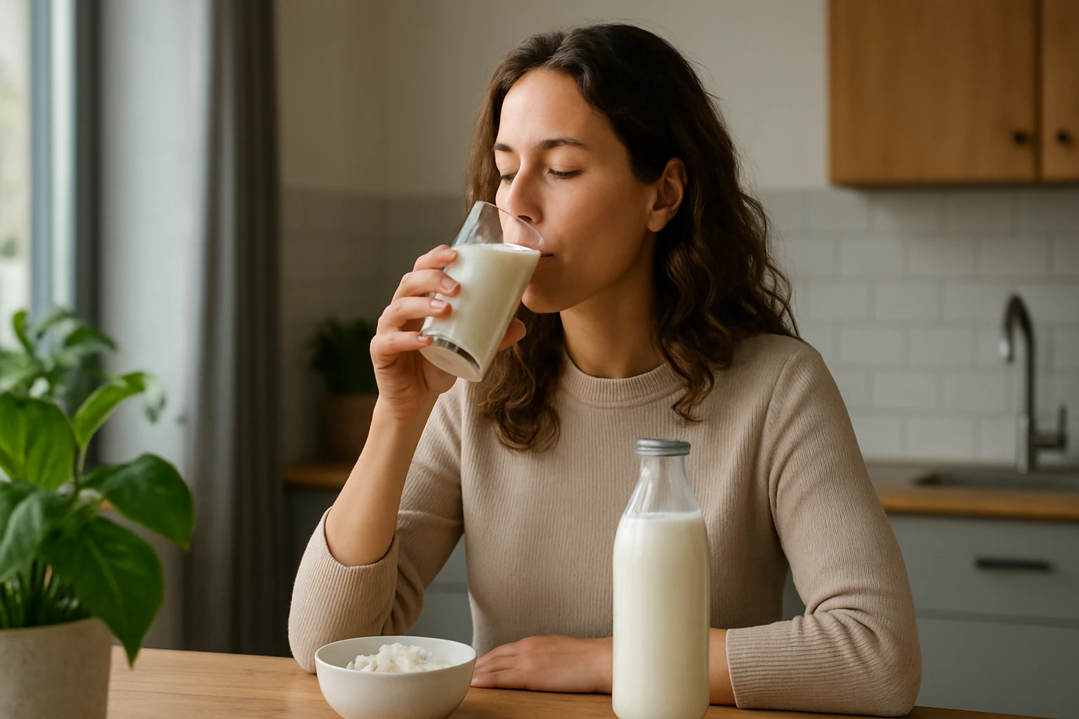 Žena užívajúca si zdravé mlieko a pozitívne chvíle v domácnosti.