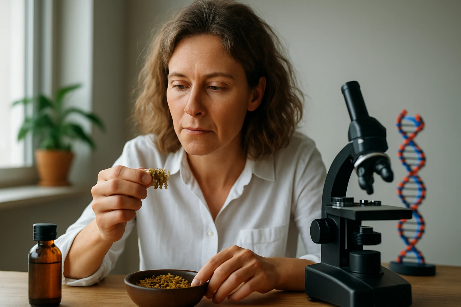 Žena skúmajúca luteolín pod mikroskopom, prírodný flavonoid.