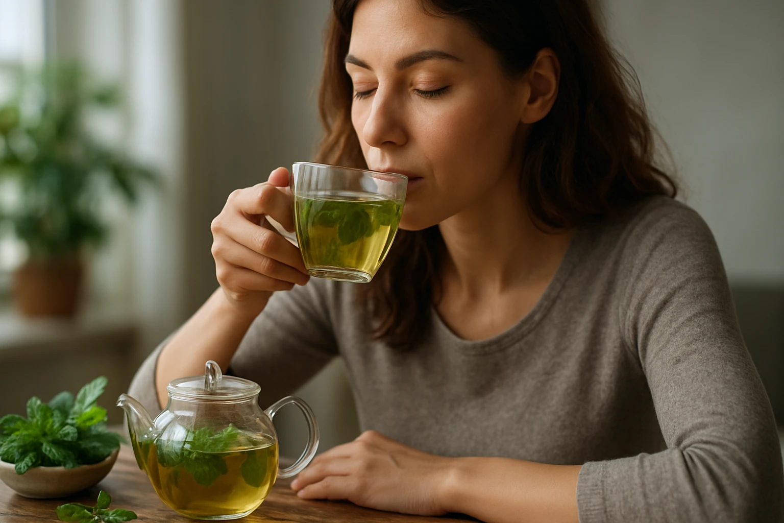 Žena vychutnáva si mätový čaj v pohári.