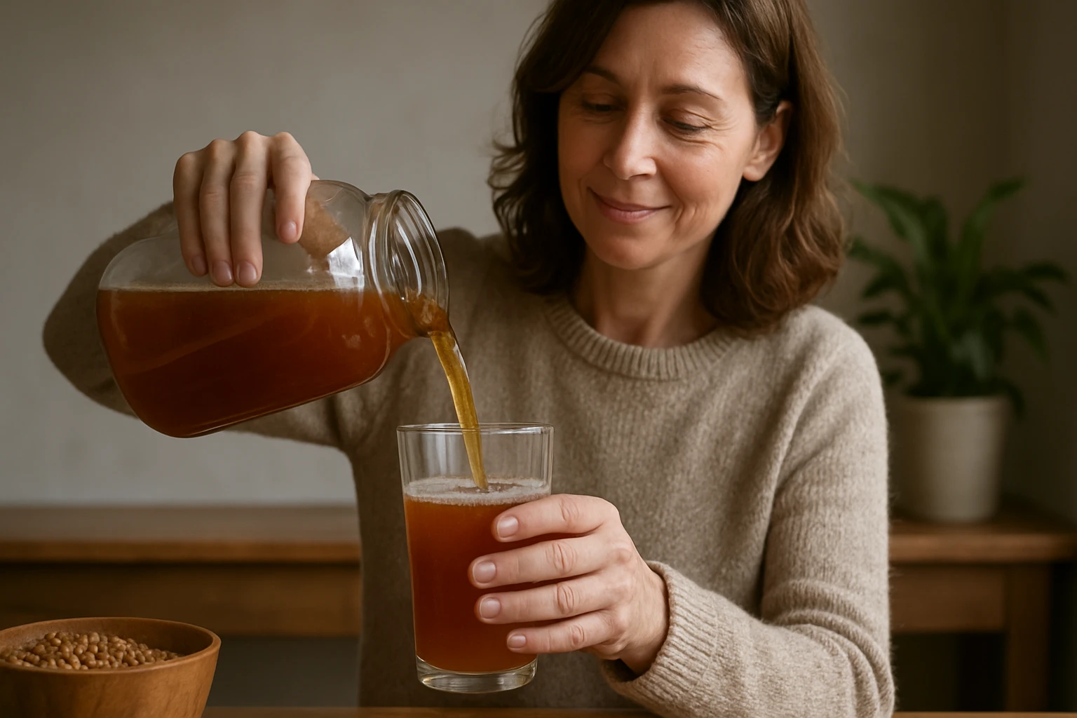 Žena nalieva svoj zázračný kvas do pohára na stole.