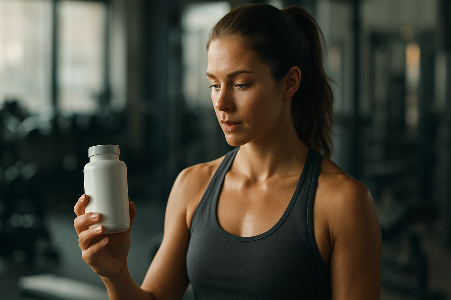 Žena v tréningovom oblečení drží fľašu s doplnkom L-karnitínu.