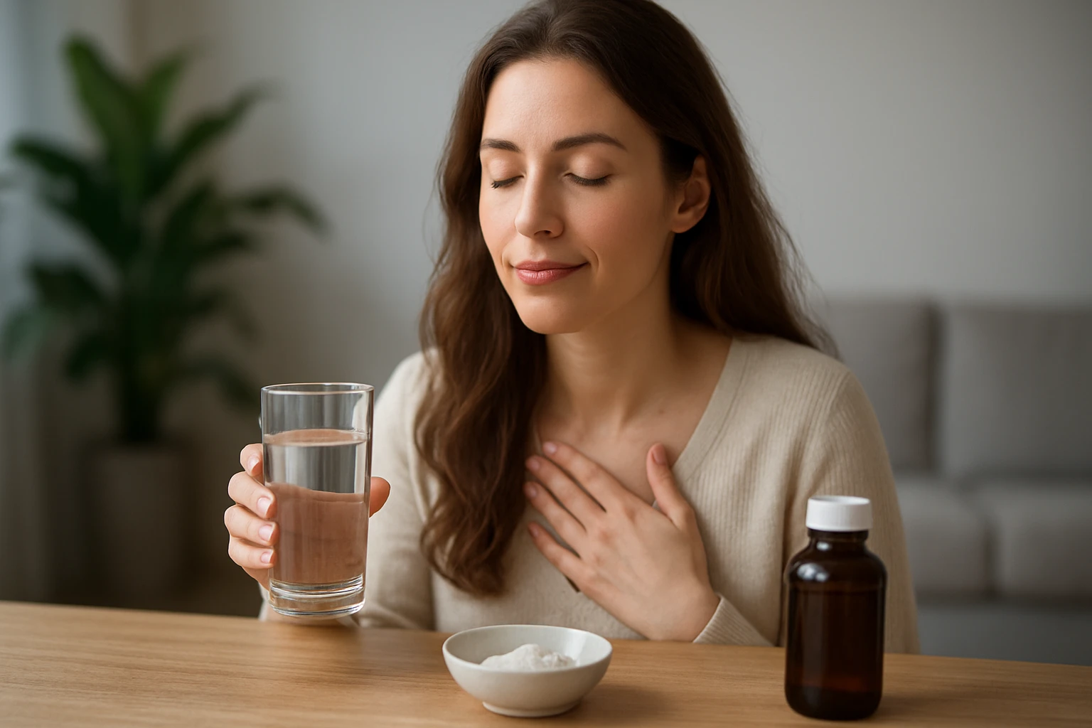 Žena s pohárom vody, ukazujúc zdravý životný štýl a pohodu