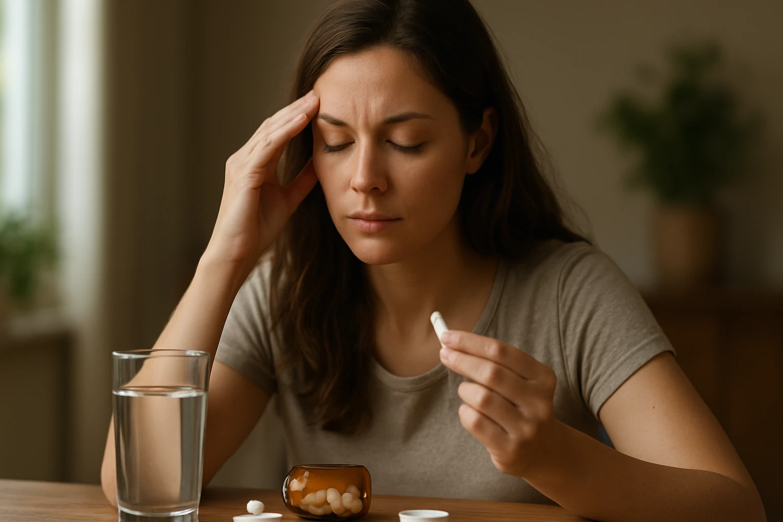 Mladá žena berie magnézium na zmiernenie bolesti hlavy