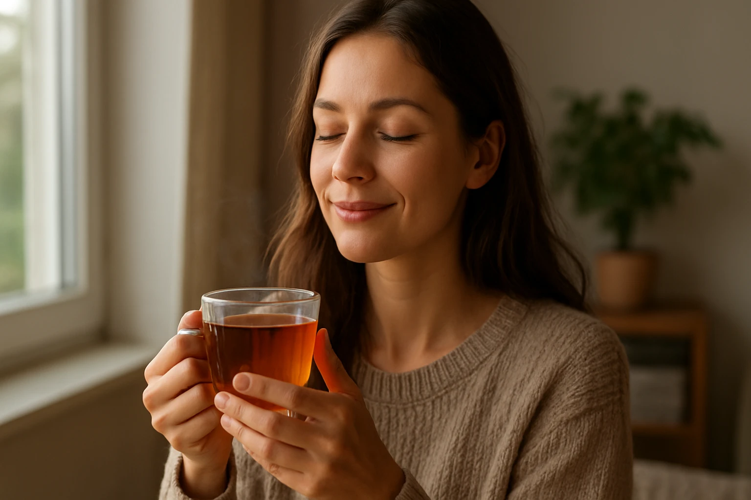 Žena si vychutnáva šálku čaju s uspokojeným výrazom tváre.