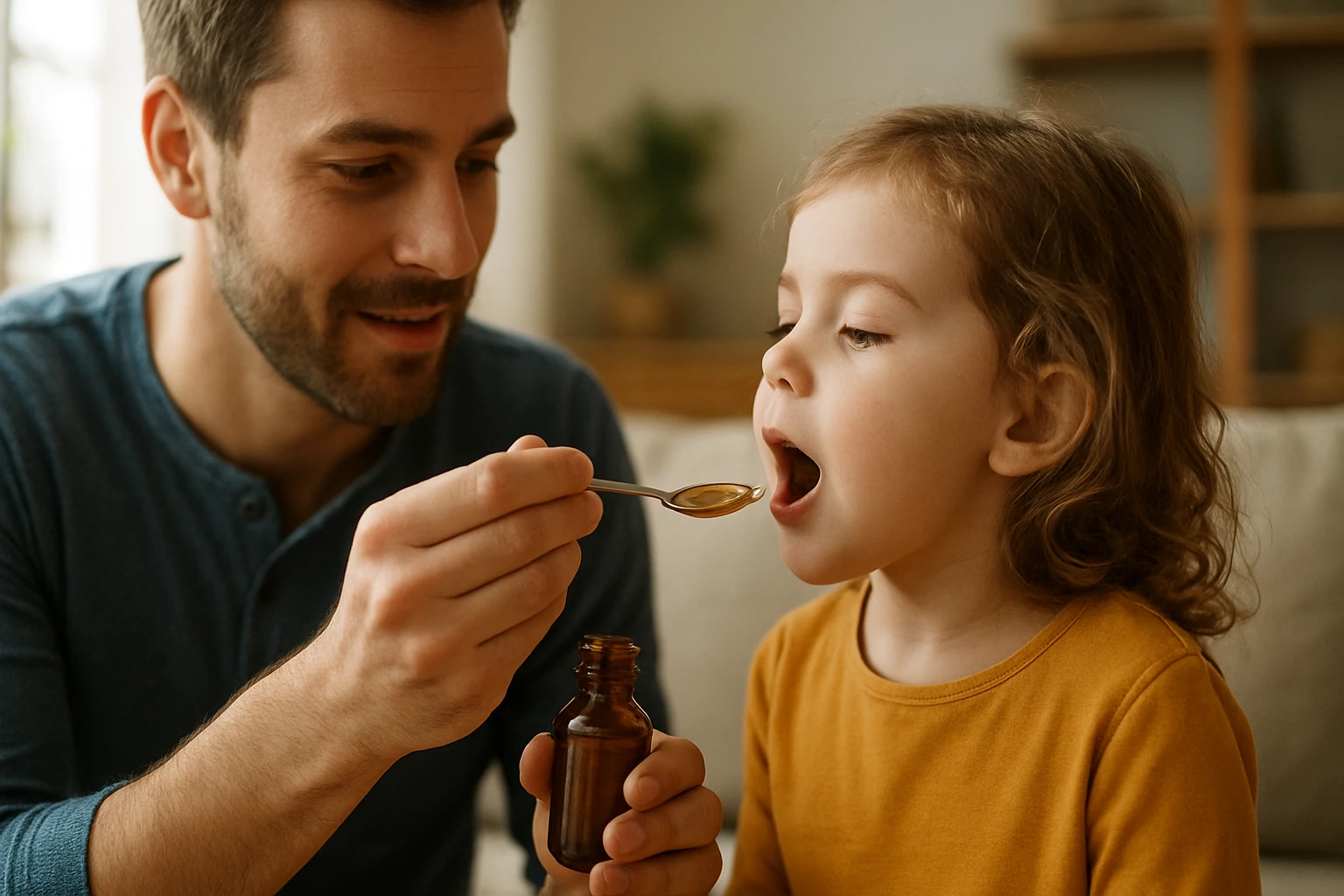 Dieťa dostáva rybí tuk od otca pre lepšie zdravie.