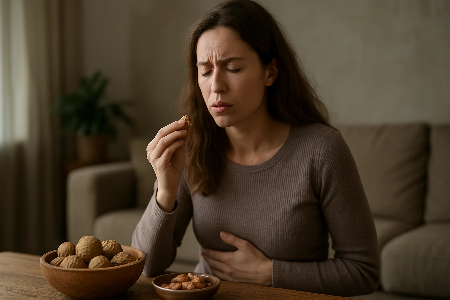 Žena pomáha sebe s trávením pomocou vlašských orechov