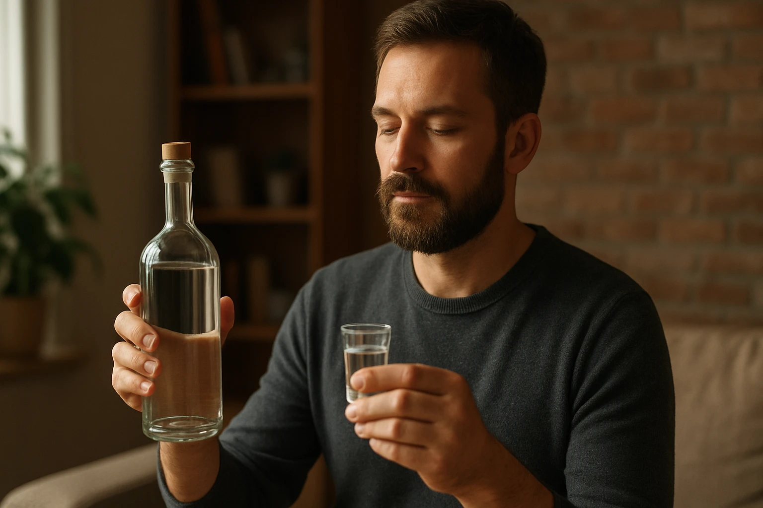 Muž vychutnáva tradičnú pálenku v sklenenej fľaše