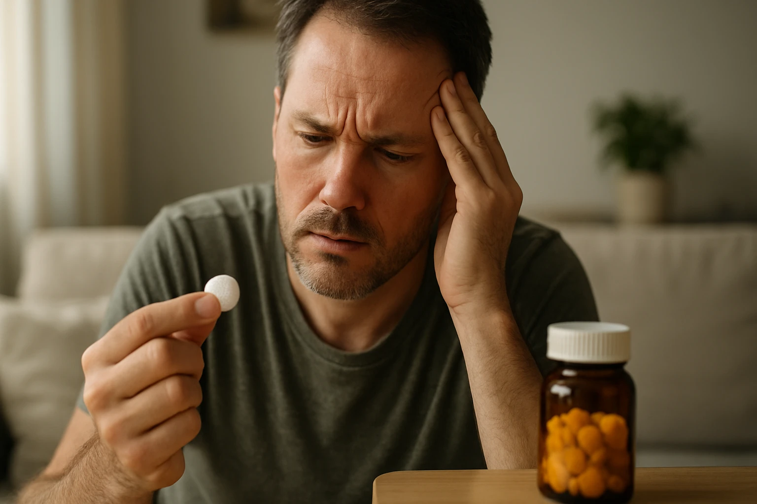 Muž premýšľa o užití aspirínu ako lieku na bolesť.