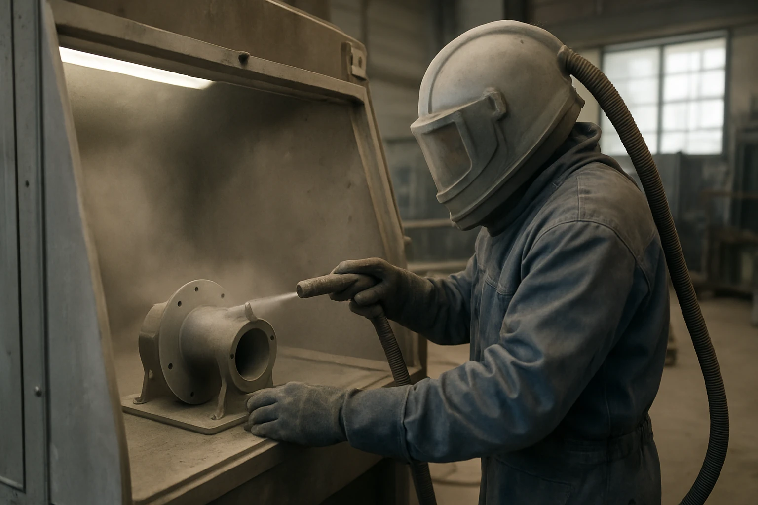 Pracovník v pieskovacej kabíne so zariadením na pieskovanie dielu.