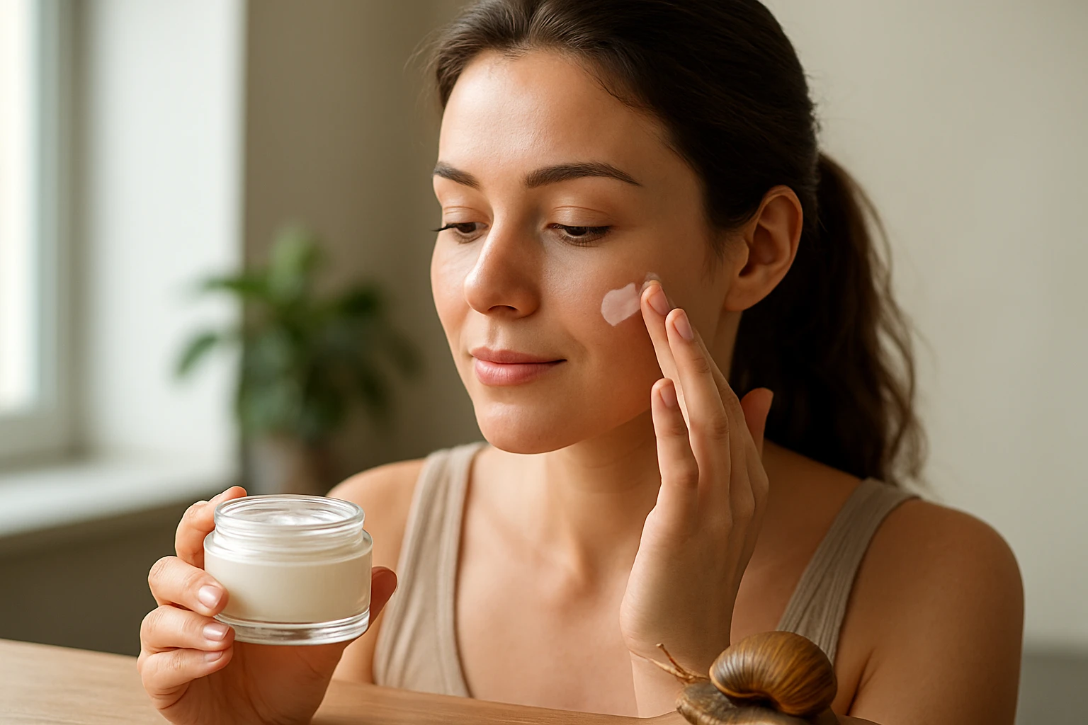 Žena nanášajúca slimákový krém na pleť s úsmevom.