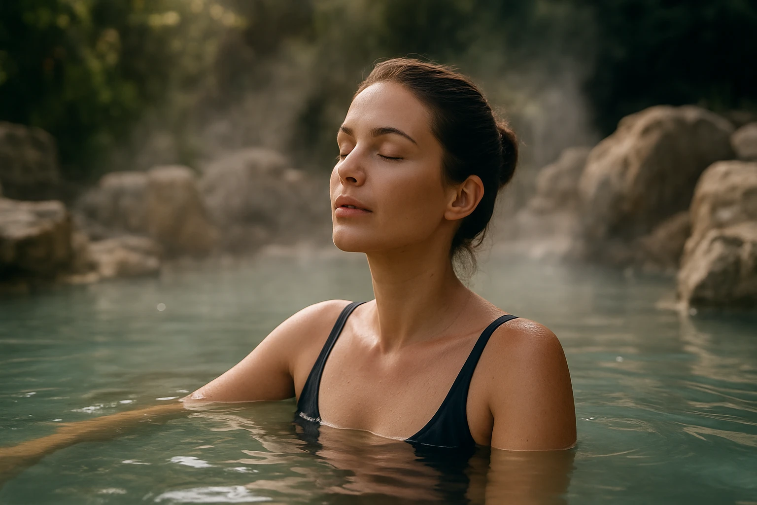 Žena relaxujúca v termálnych kúpeľoch obklopená prírodou.