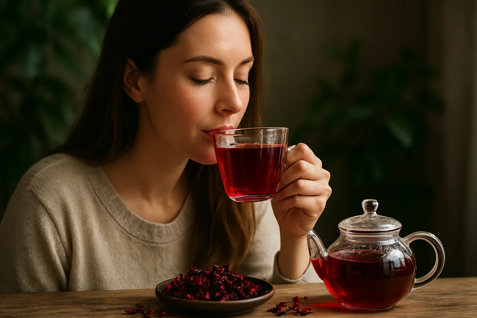 Žena pije ibiškový čaj z priehľadného hrnčeka.