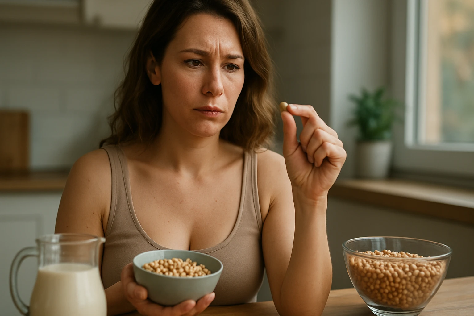 Žena premýšľa o účinkoch sóje na zväčšenie pŕs.