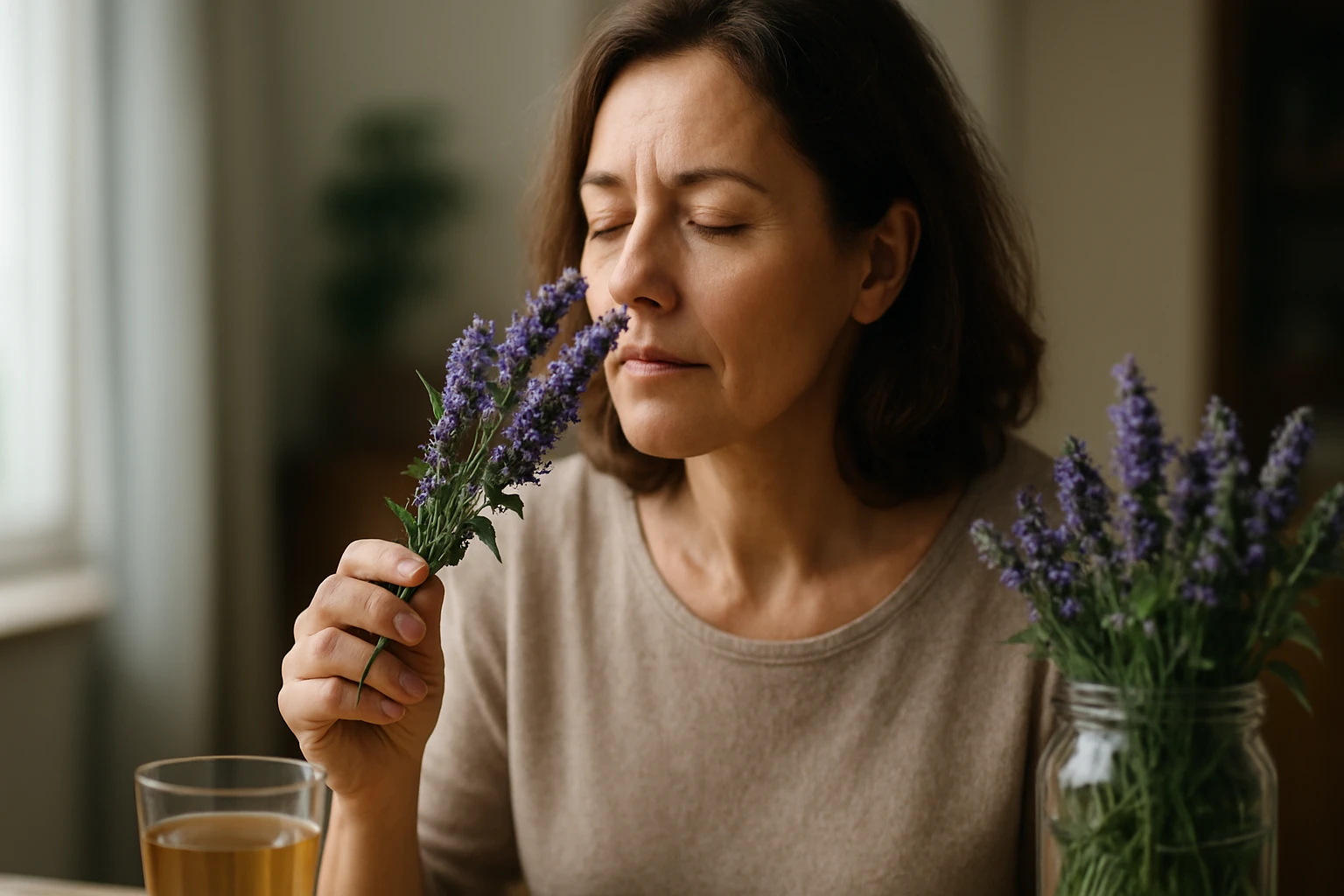 Žena s yzopom, ktorý vonia a pije bylinkový čaj.