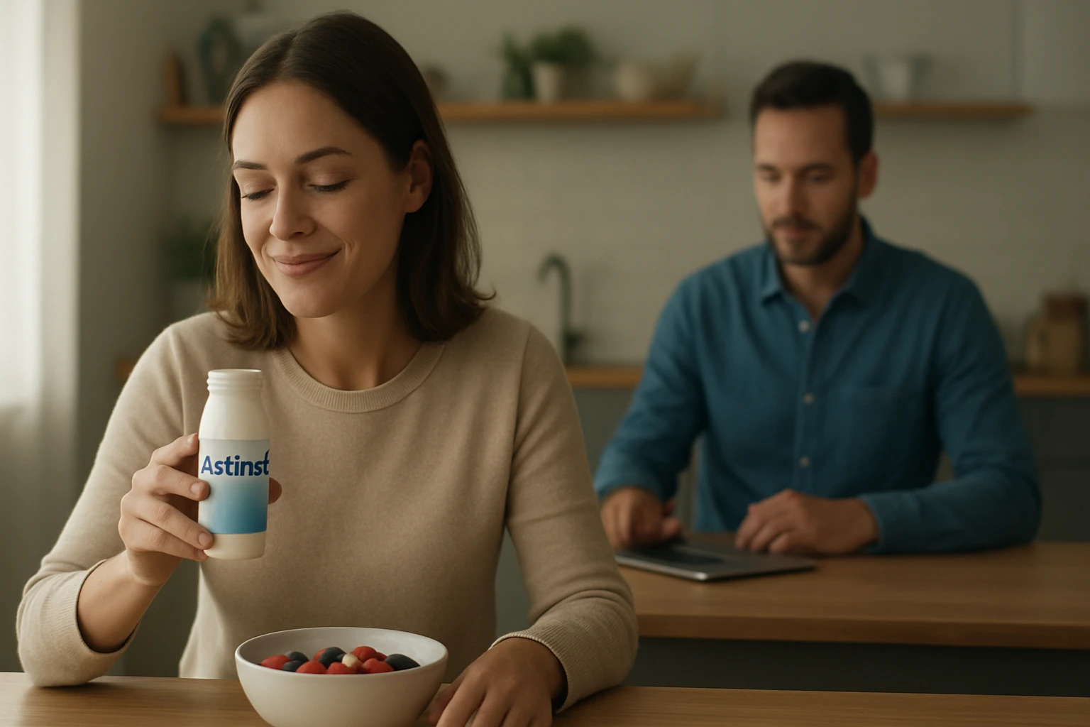 Žena si vychutnáva Actimel s ovocím za ranným stolom