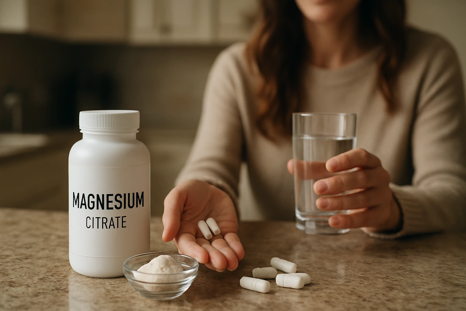 Žena berúca citrát horečnatý s pohárom vody.