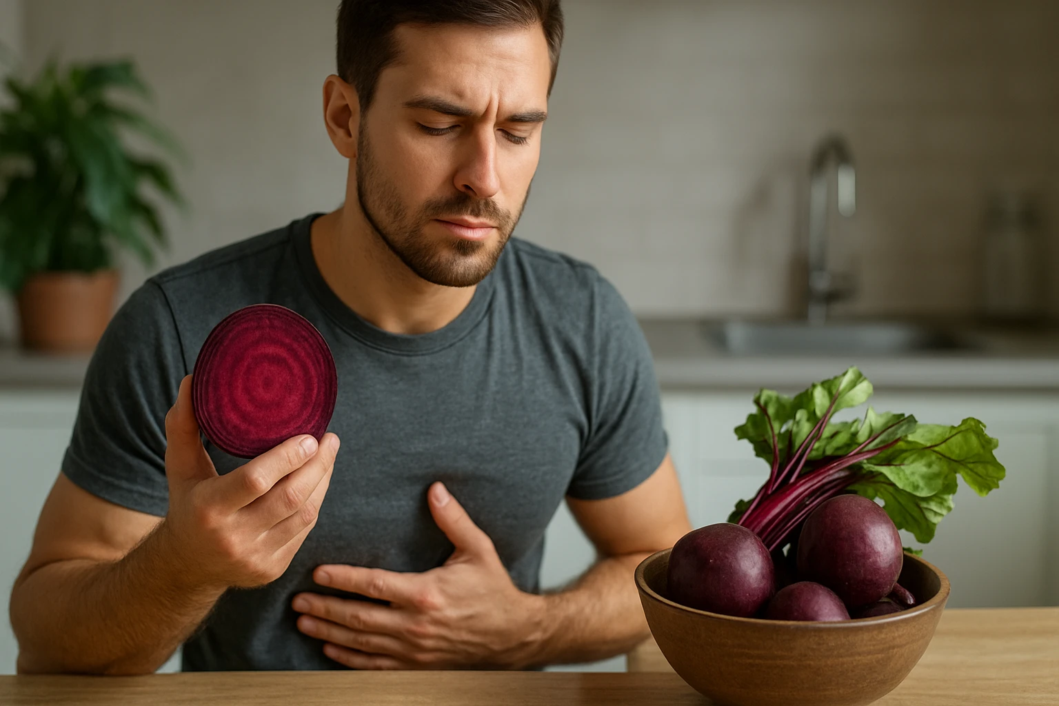 Muž drži cviklu a zameriava sa na zdravie obličiek.