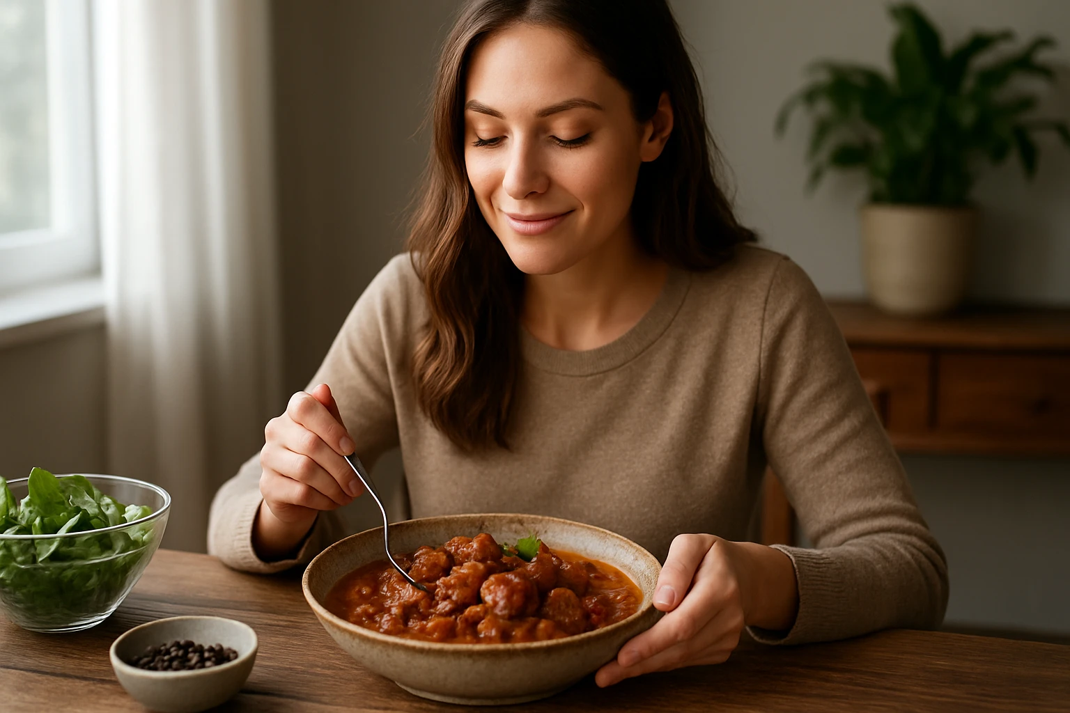 Žena vychutnávajúca si kohútí perkelt s pohárom šalátu vedľa