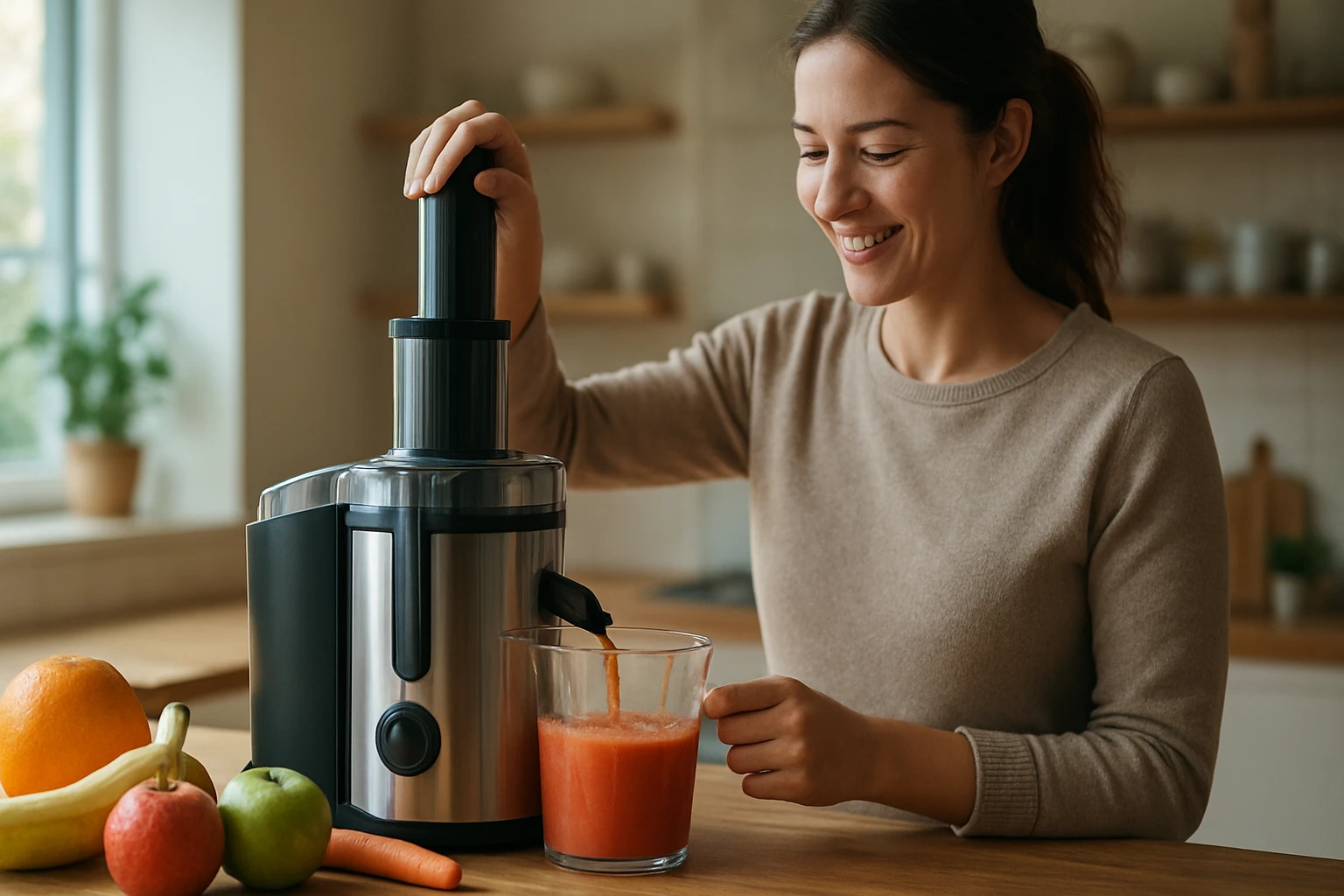 Žena pripravuje čerstvú šťavu s ovocným odšťavovačom v kuchyni.