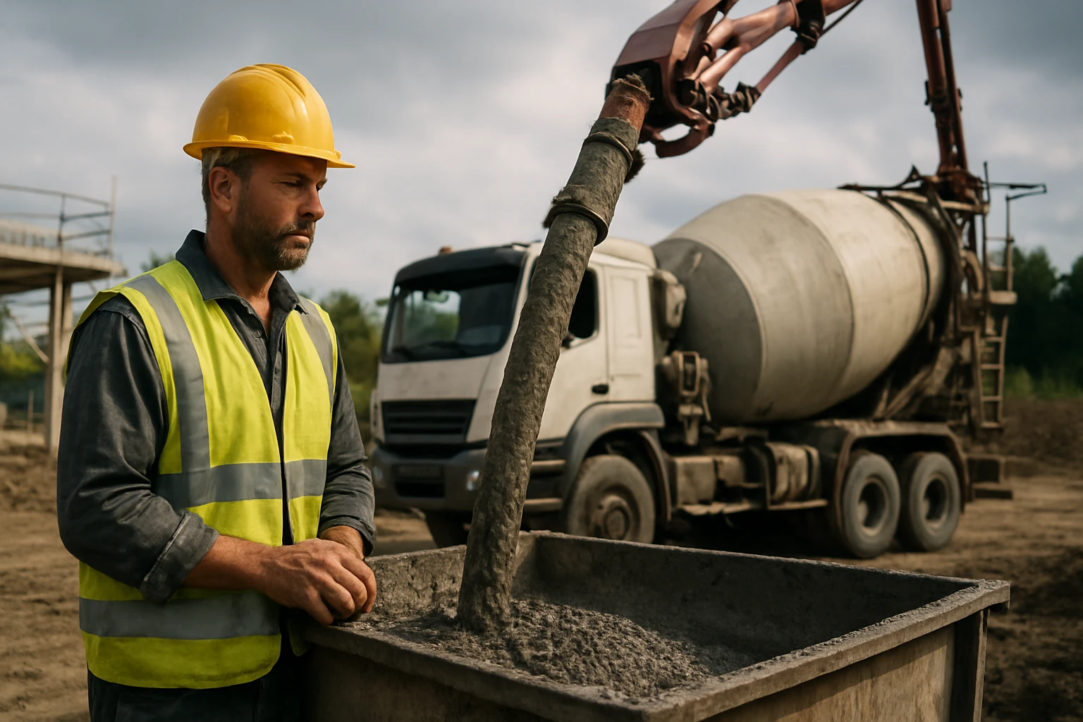 Robotník s betónovým čerpadlom na stavenisku