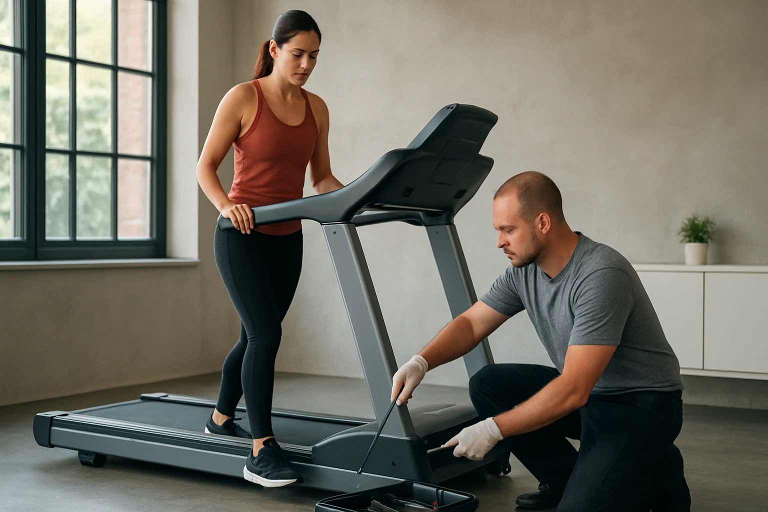 Žena na bežeckom páse s odborníkom na údržbu a tréning.
