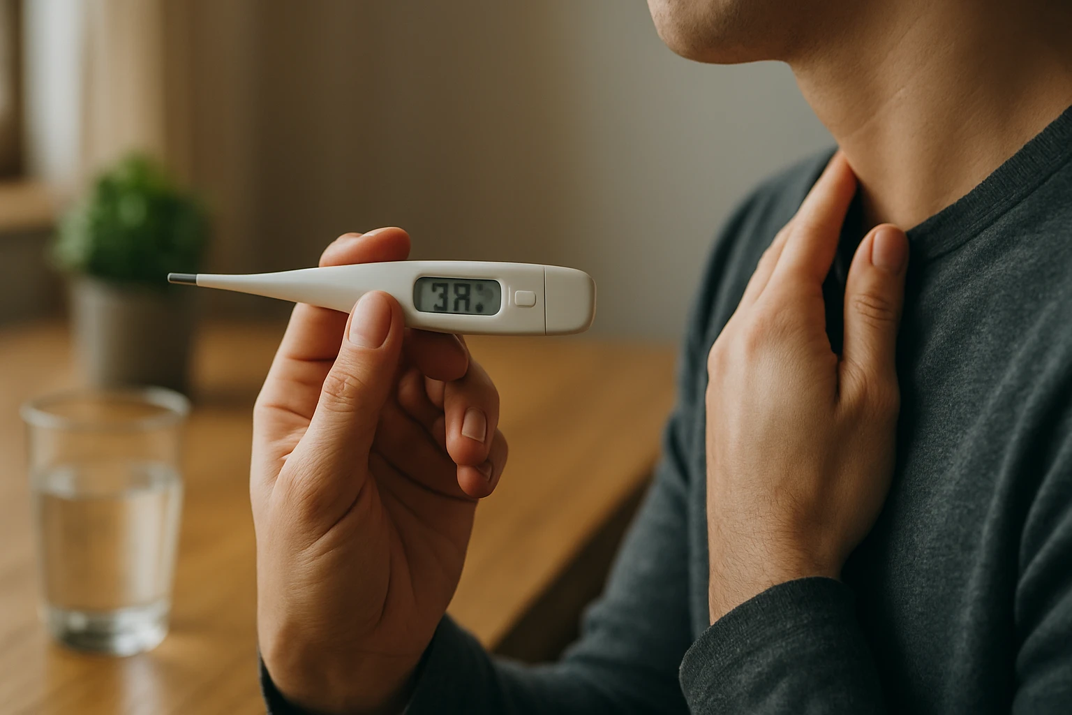 Muž merajúci teplotu teplomerom v dome