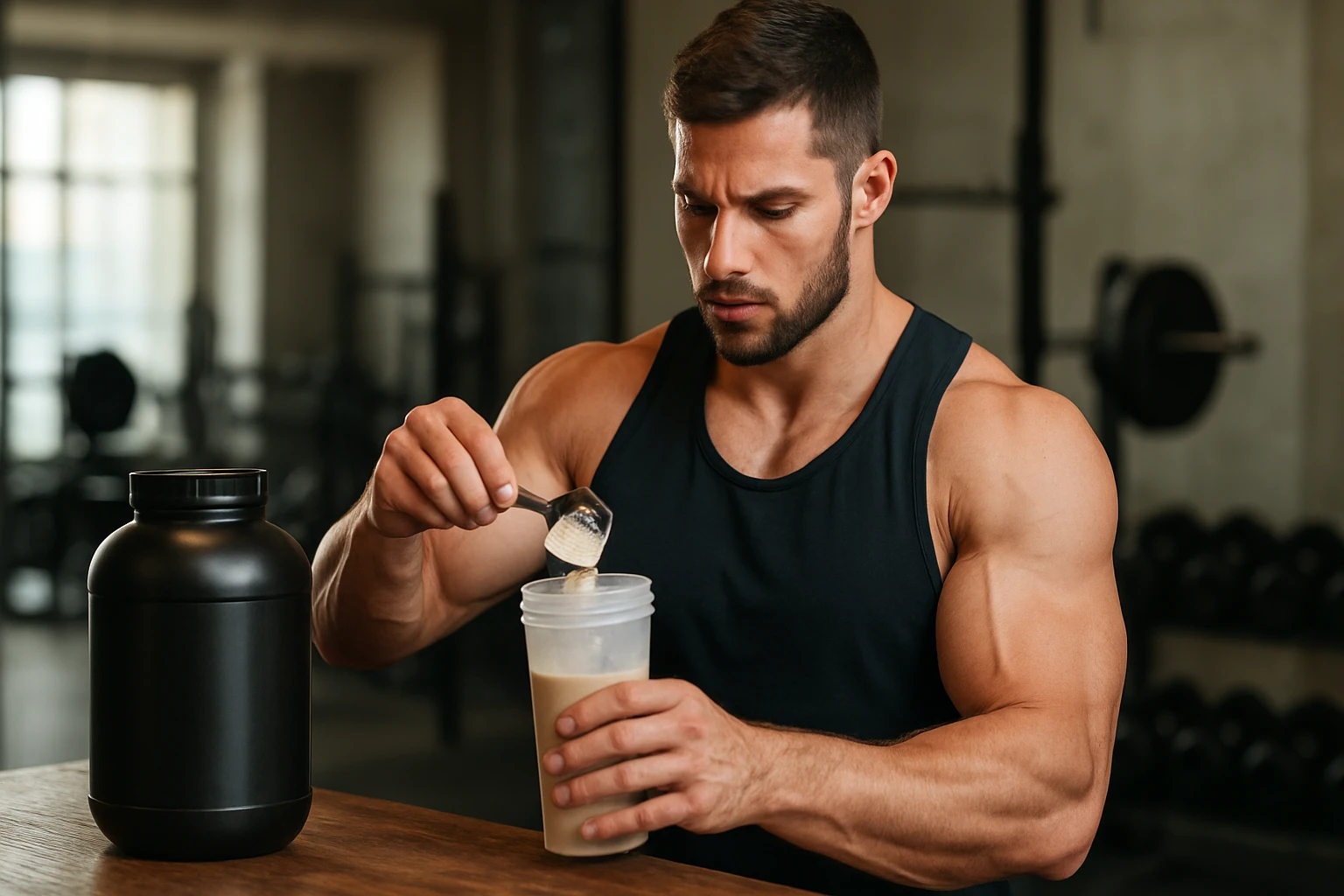 Muž mieša hmotnostný doplnok v posilňovni na zvýšenie svalovej hmoty.
