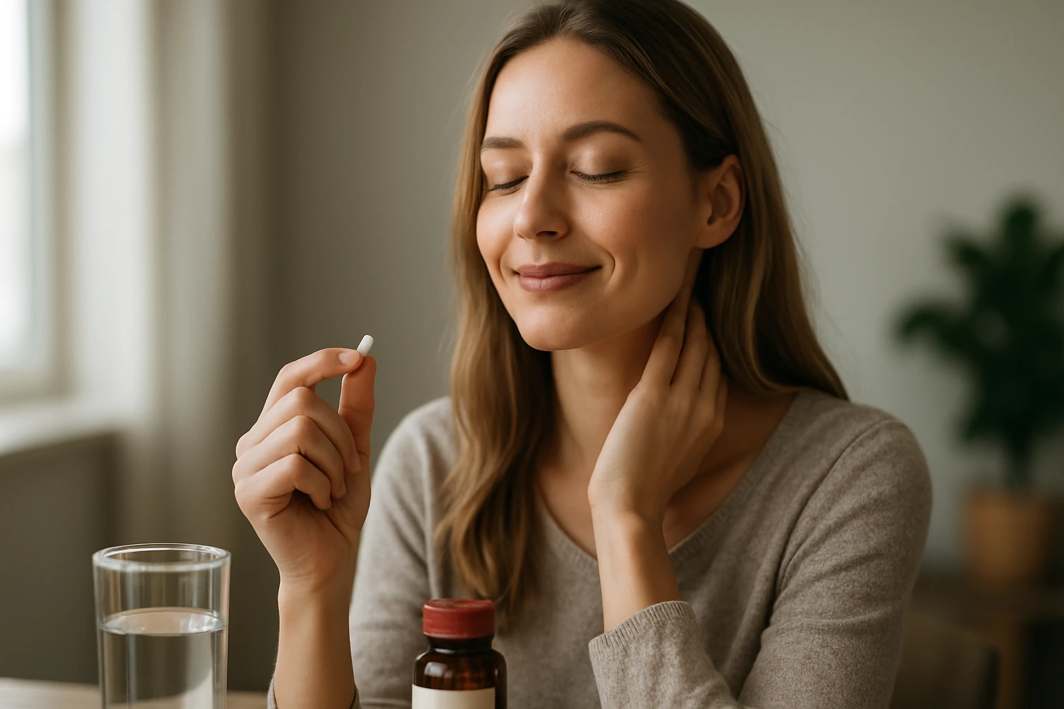 Žena s úsmevom drží tabletu a vodu, čelí zlepšeniu zdravia a nálady.