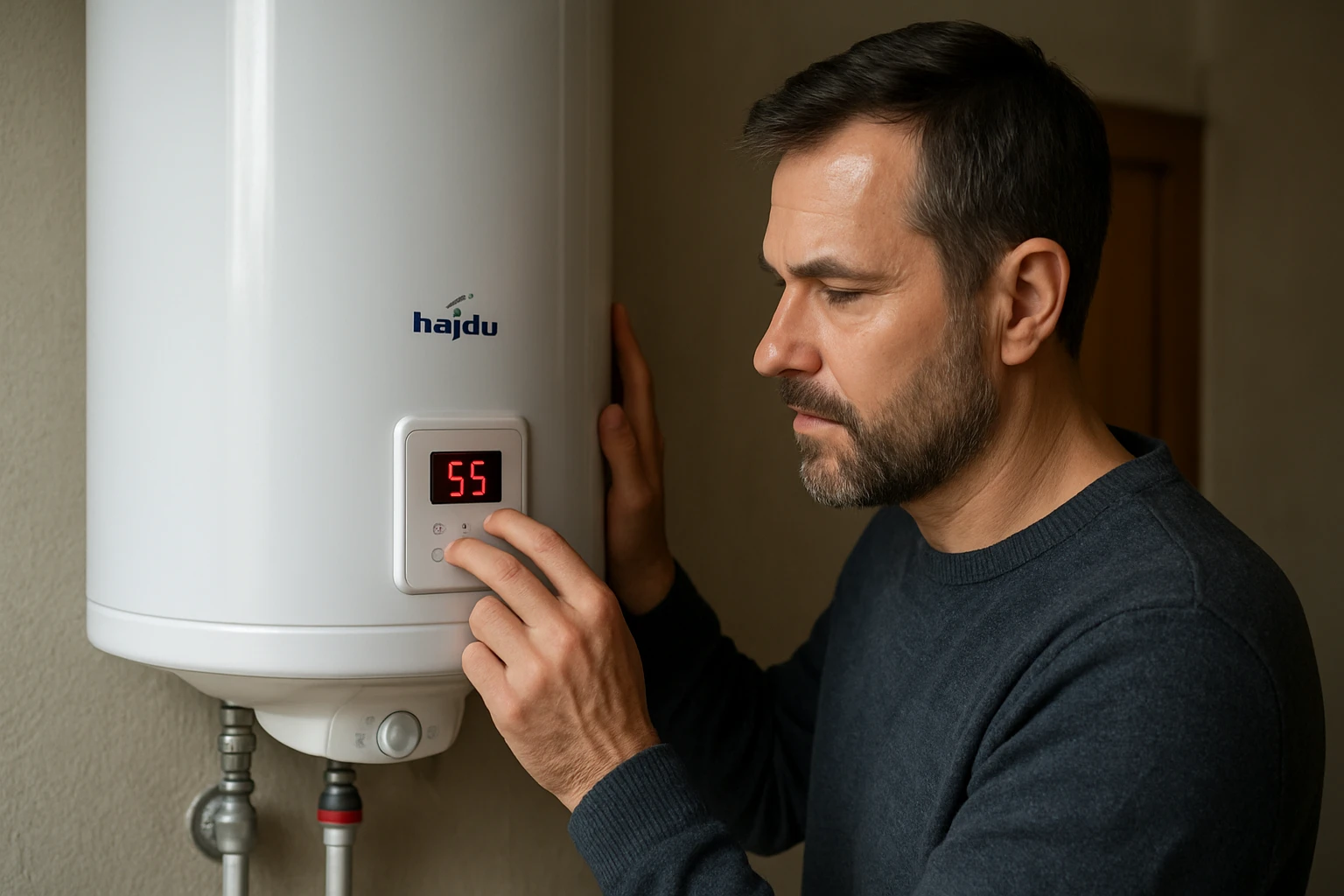 Muž nastavuje termostat na bojleri Hajdu pre úsporu energie