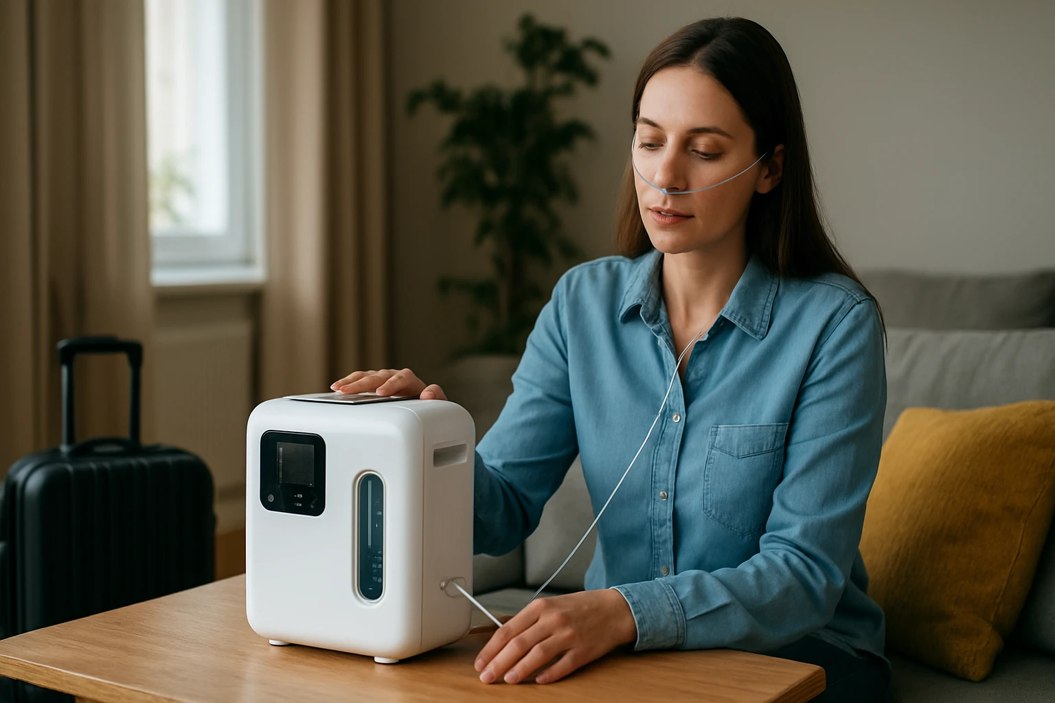 Žena s kyslíkovým generátorom v útulnom domácom prostredí.