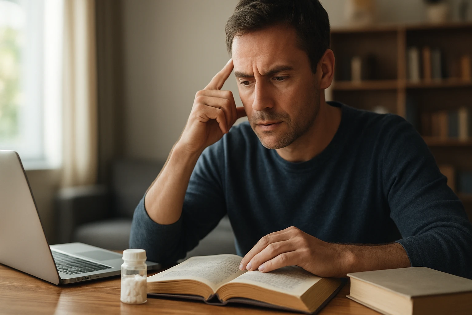 Muž študuje s Lucetamom na stole, zameraný na kognitívne zlepšenie.