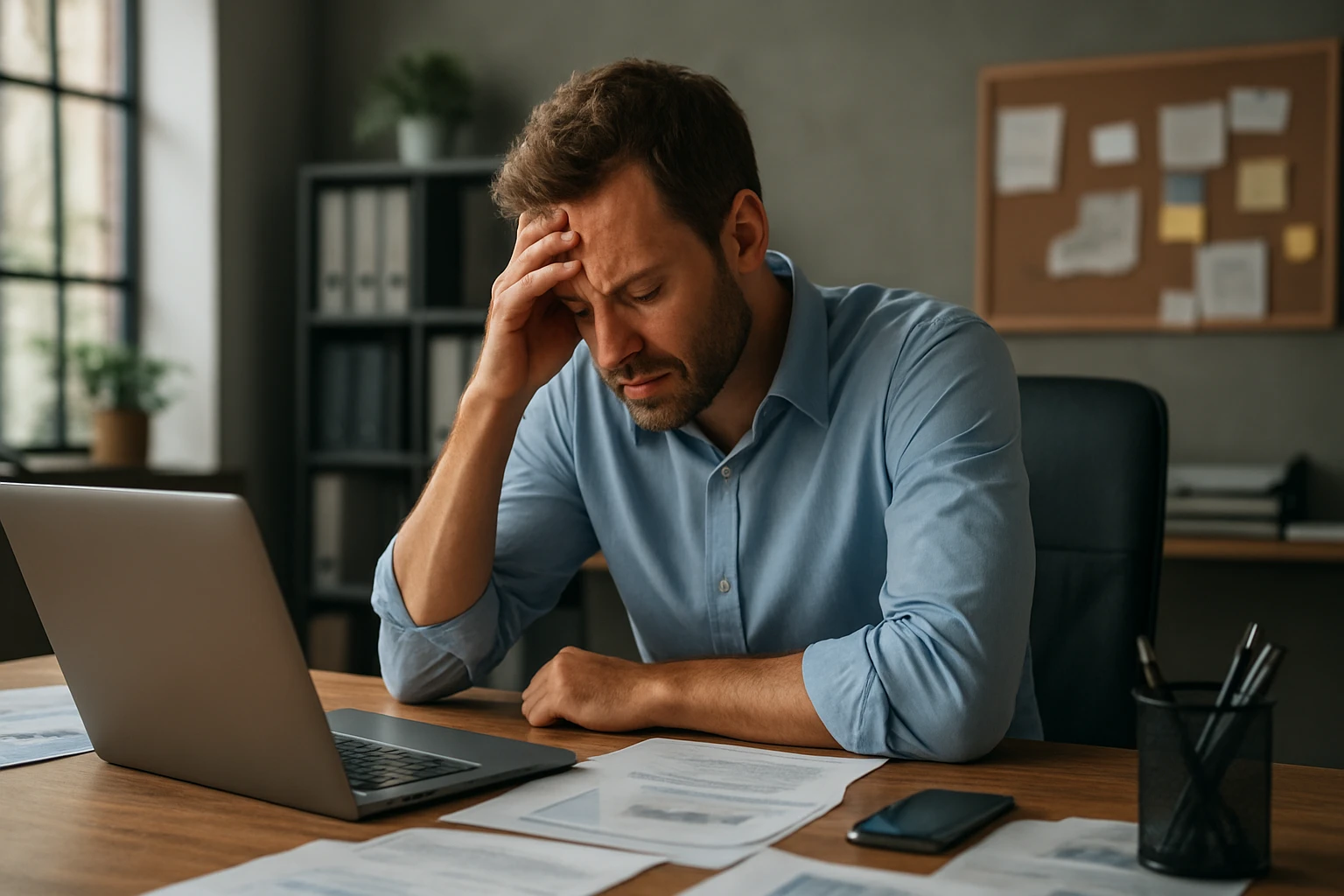Muž v kancelárii s vyčerpaným výrazom, ktorý premýšľa nad svojou kariérou.