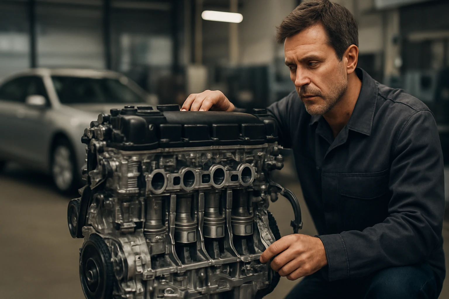 Mechanik kontroluje 5-valcový motor v automobilovom priemysle.