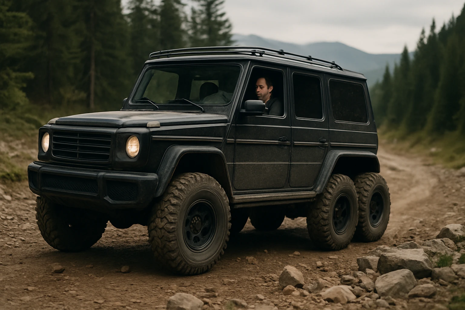 6-kolesový terénny vozidlo jazdiace v lesnom prostredí