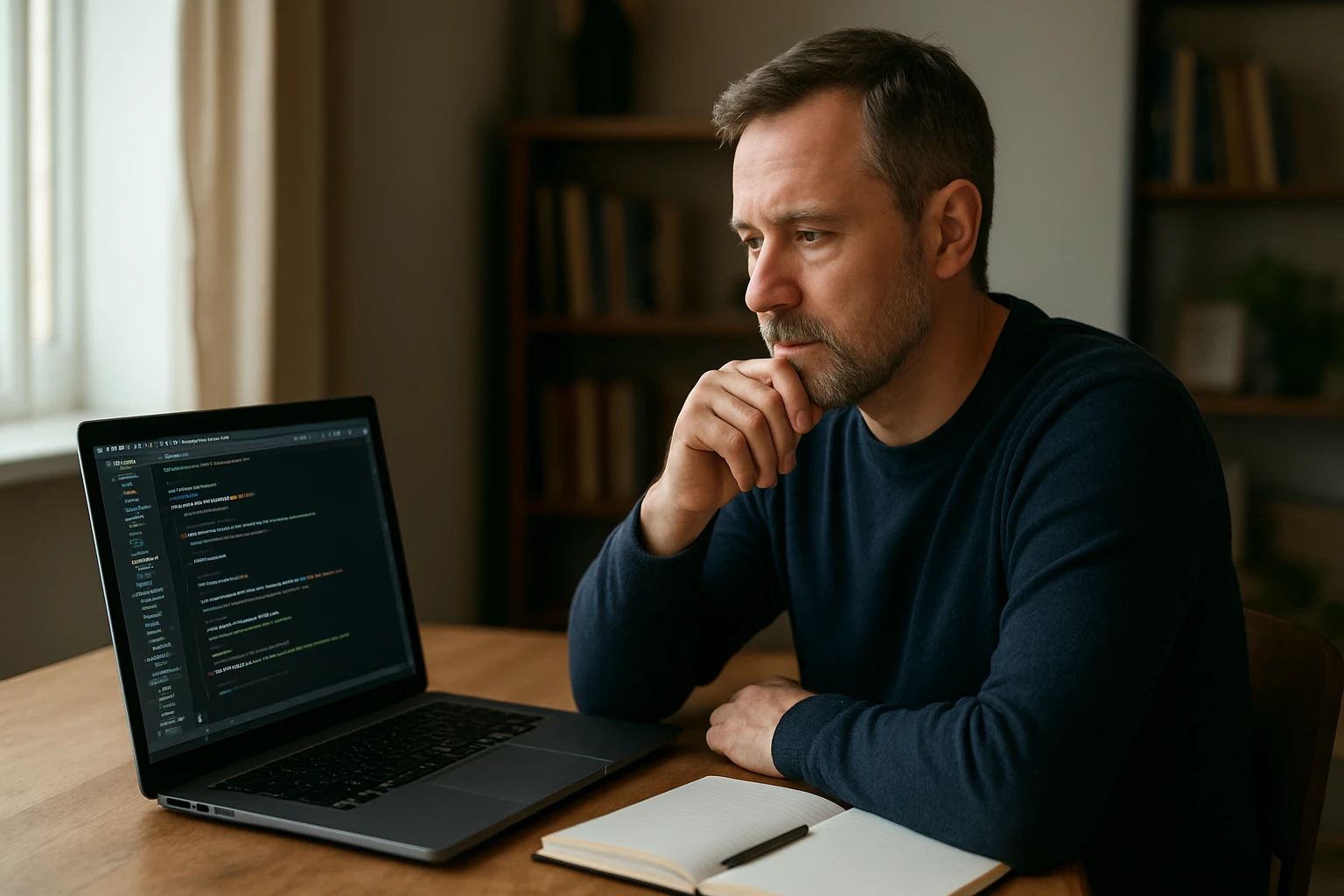Muž programuje na laptopu s poznámkovým blokom na stole.