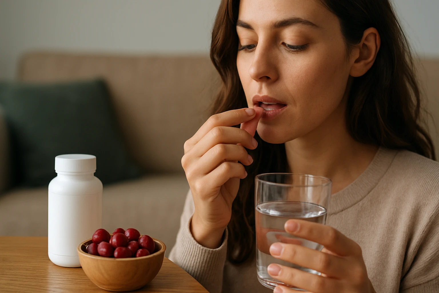Žena užívajúca brusnicové tabletky s vodou a miskou brusníc