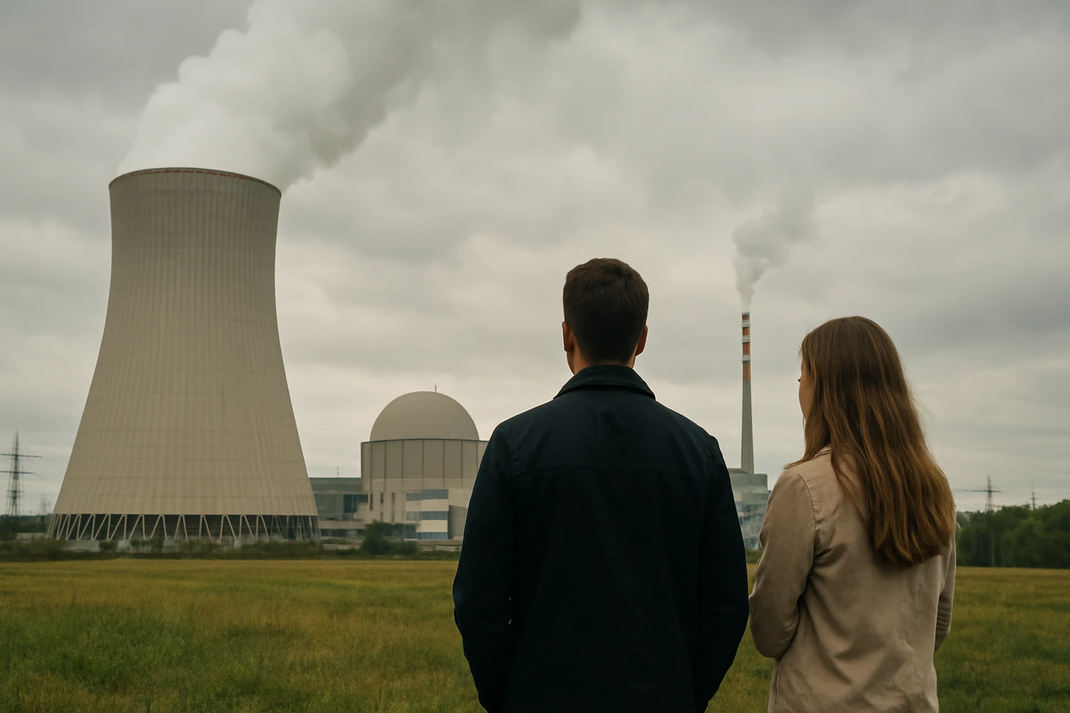 Pár stojí pred atómovou elektrárňou, premýšľajúc o budúcnosti energetiky.