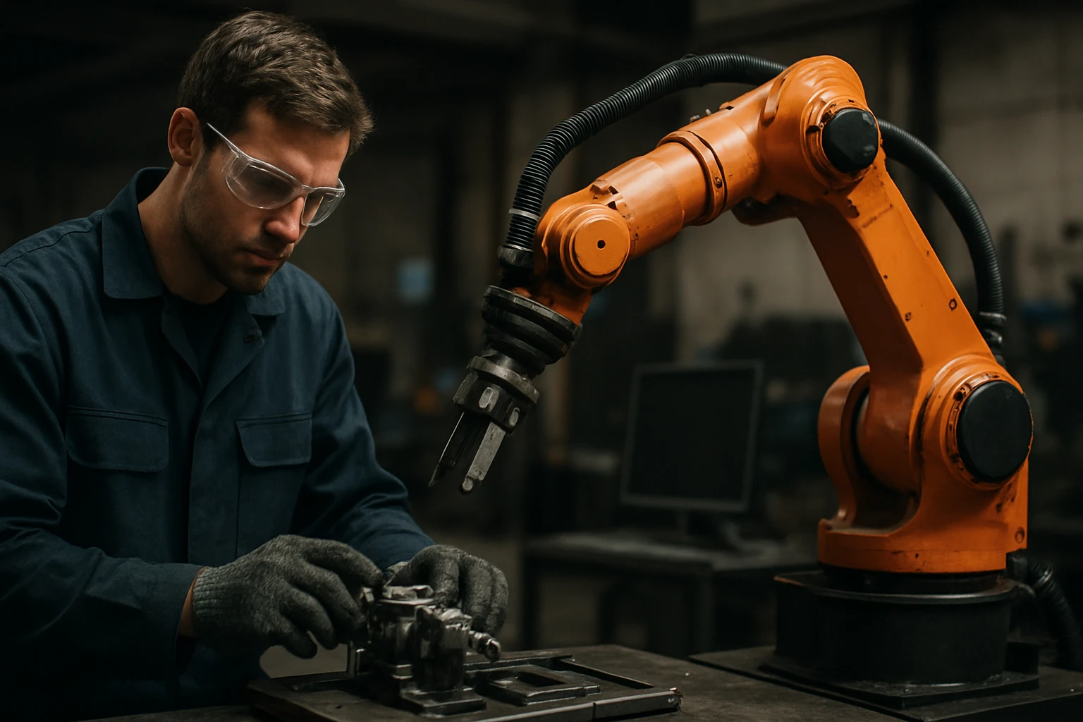 Robot a človek spolupracujúci v priemyselnej výrobe.