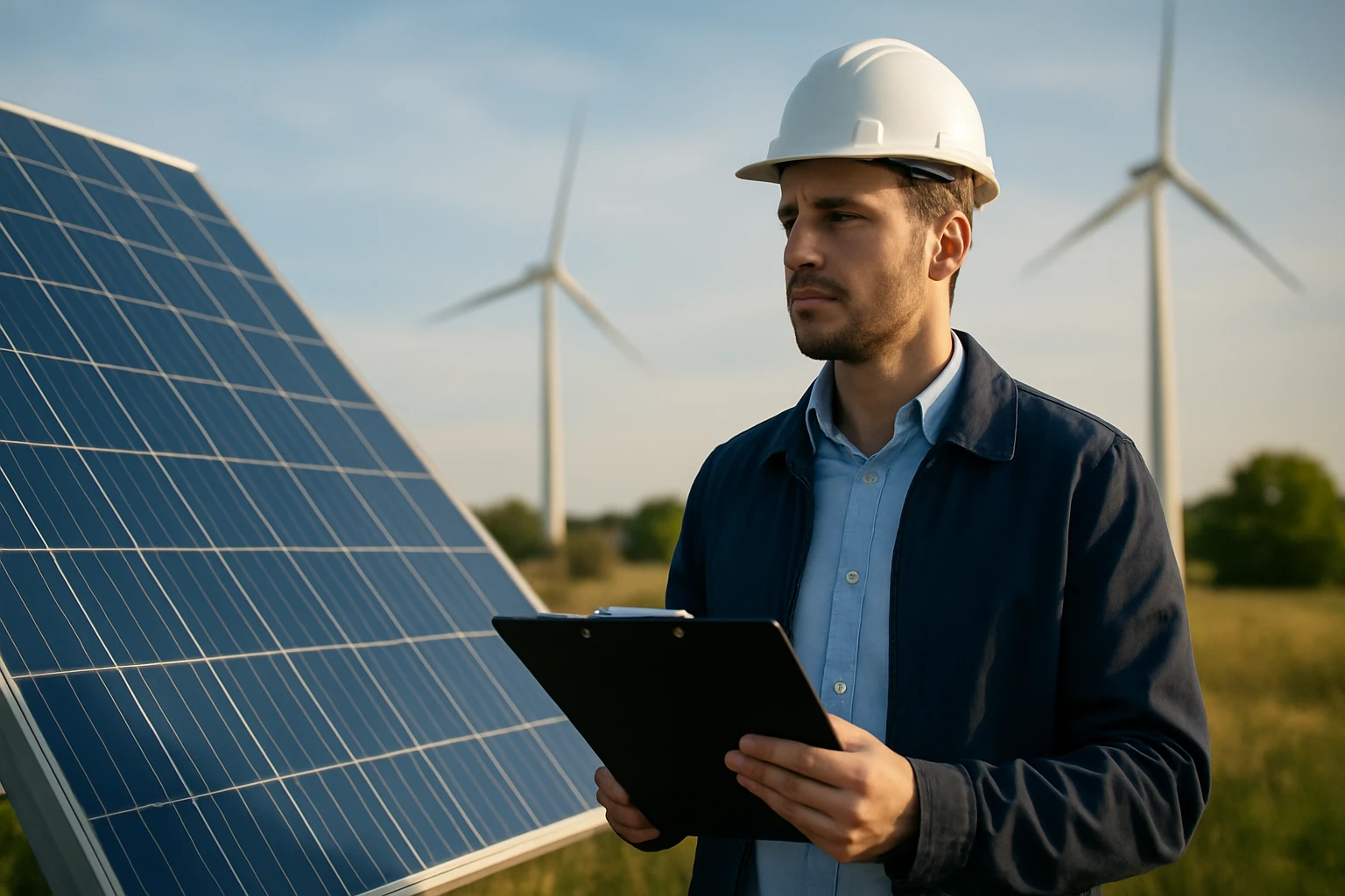 Odborník na obnoviteľné zdroje energie pred solárnymi panelmi a veternými turbínami.