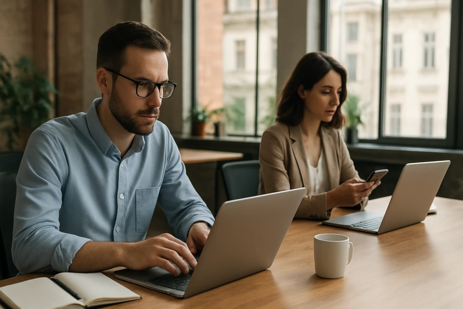 Zamestnanci pracujúci na hybridnej práci v modernom kancelárskom prostredí