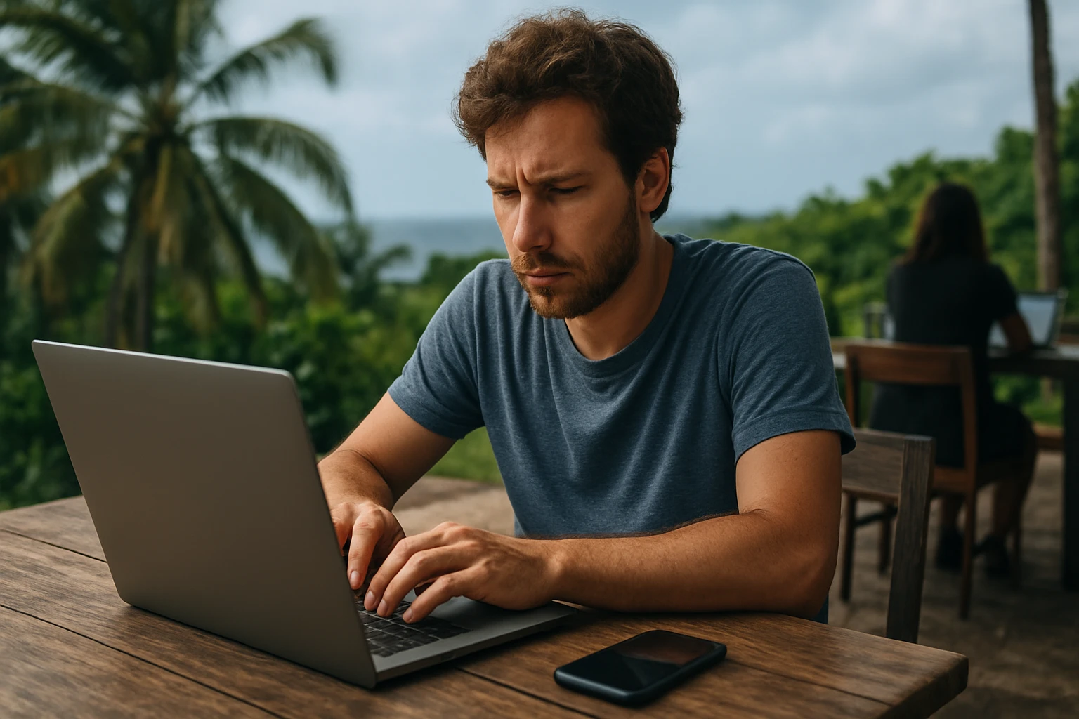 Muž pracuje na laptopu na terase s tropickou prírodou.