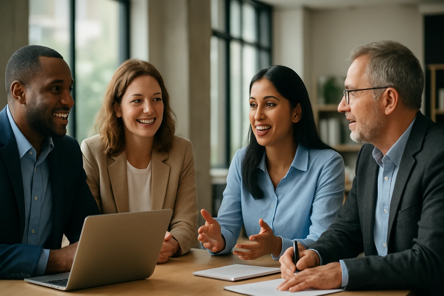 Skupina profesionálov diskutuje o diverzite a inklúzii na pracovisku.