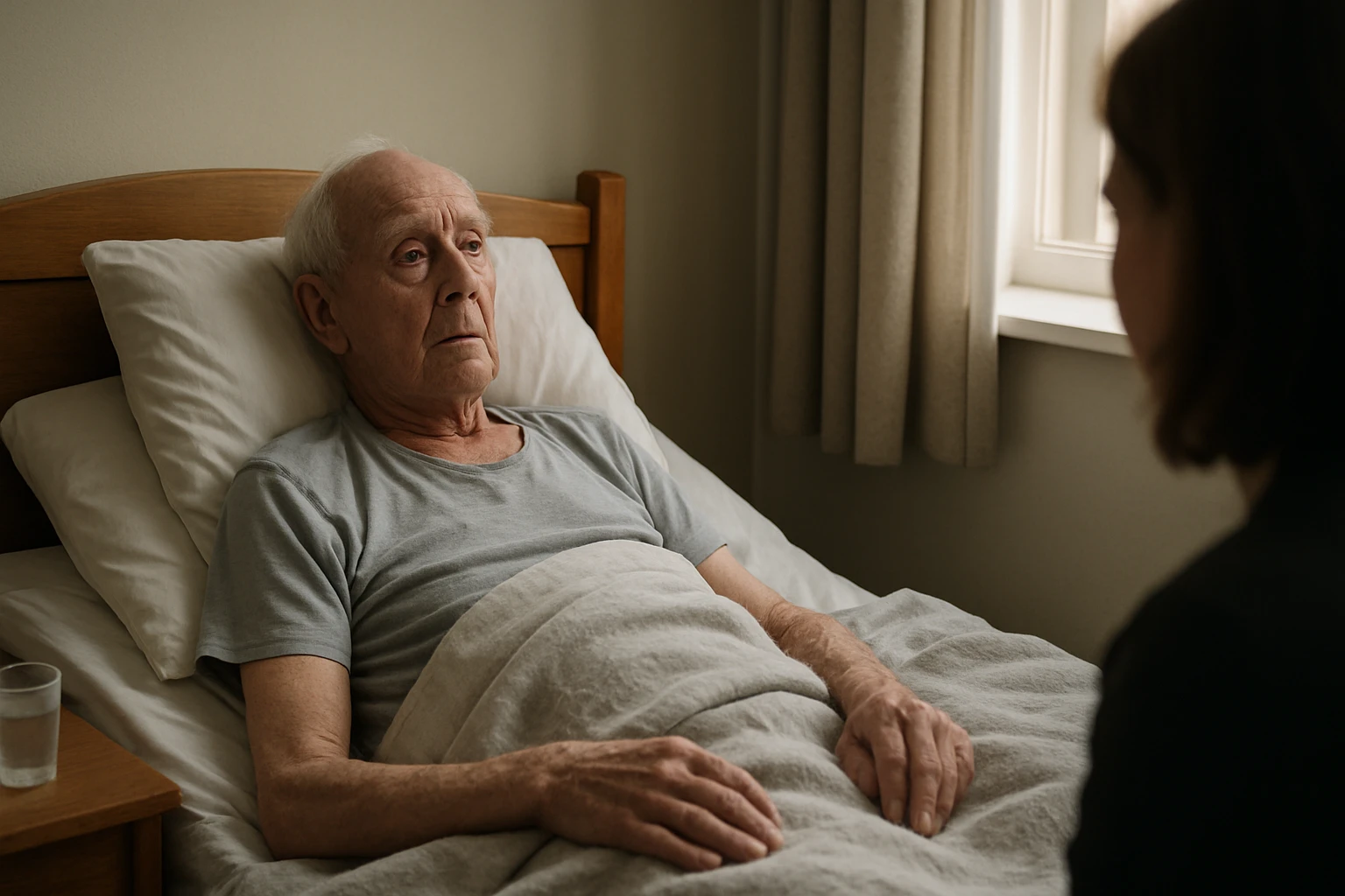 Starší muž ležiaci na posteli, ktorý zažíva dlhodobé ležanie.