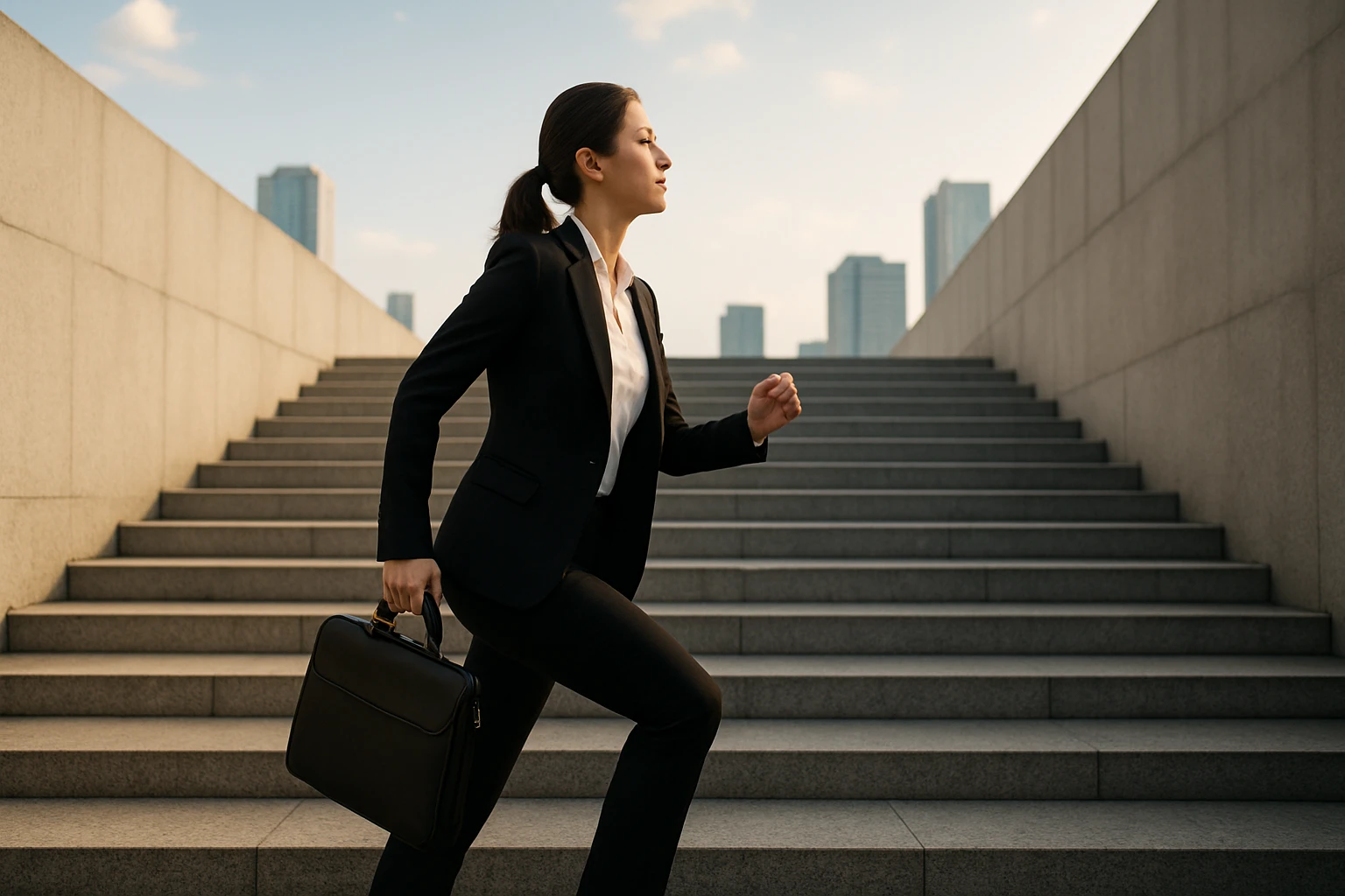 Žena v obleku beží hore po schodoch, symbolizuje kariérny rast.