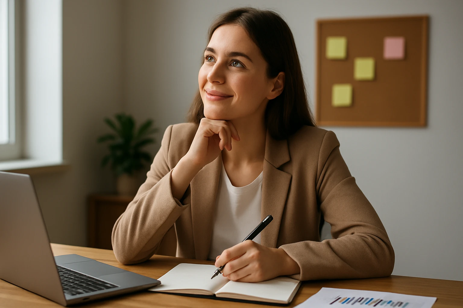 Žena premýšľa nad profesionálnymi cieľmi v kancelárii.