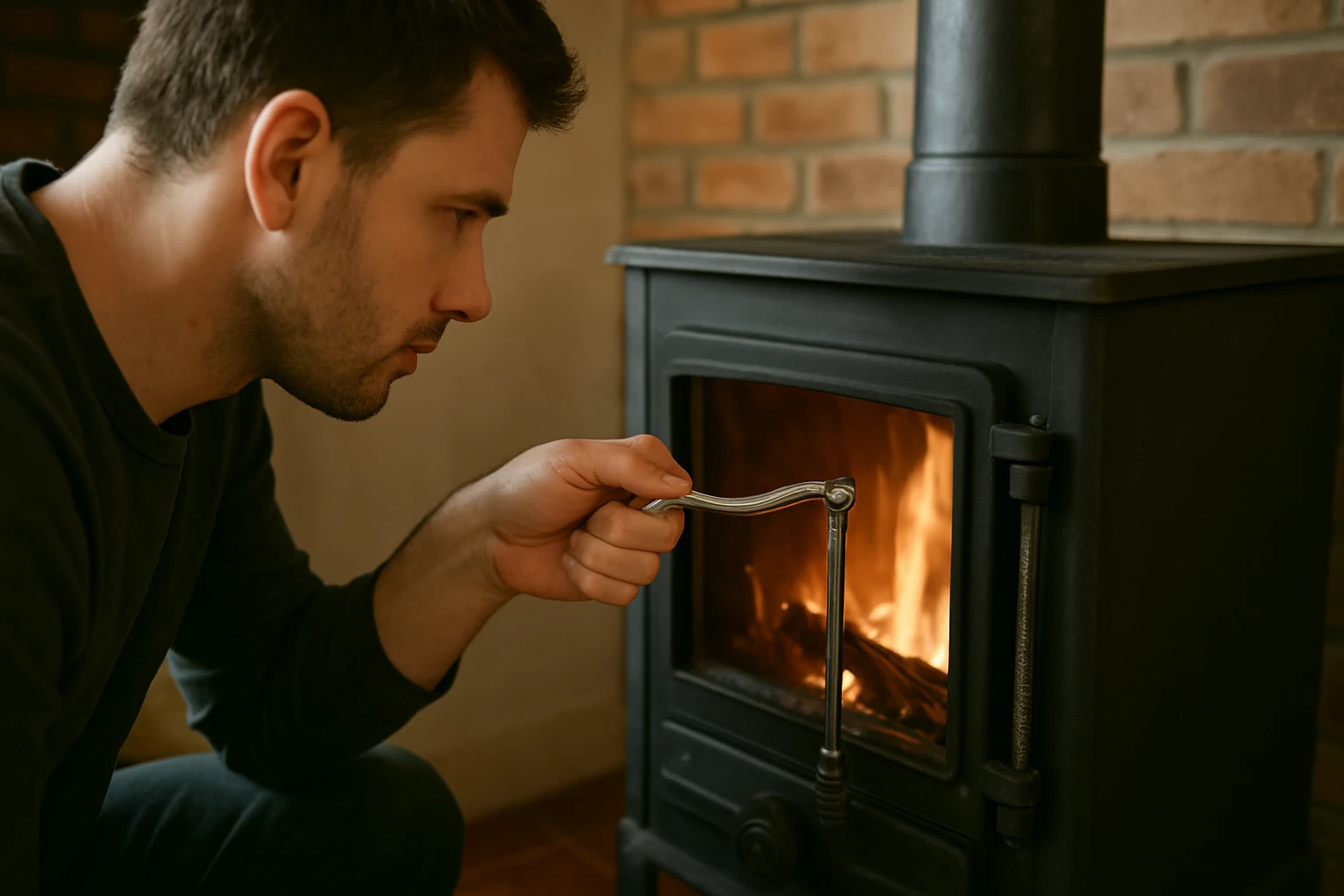 Muž nastavuje regulátor ťahu na vykurovacom kozube.