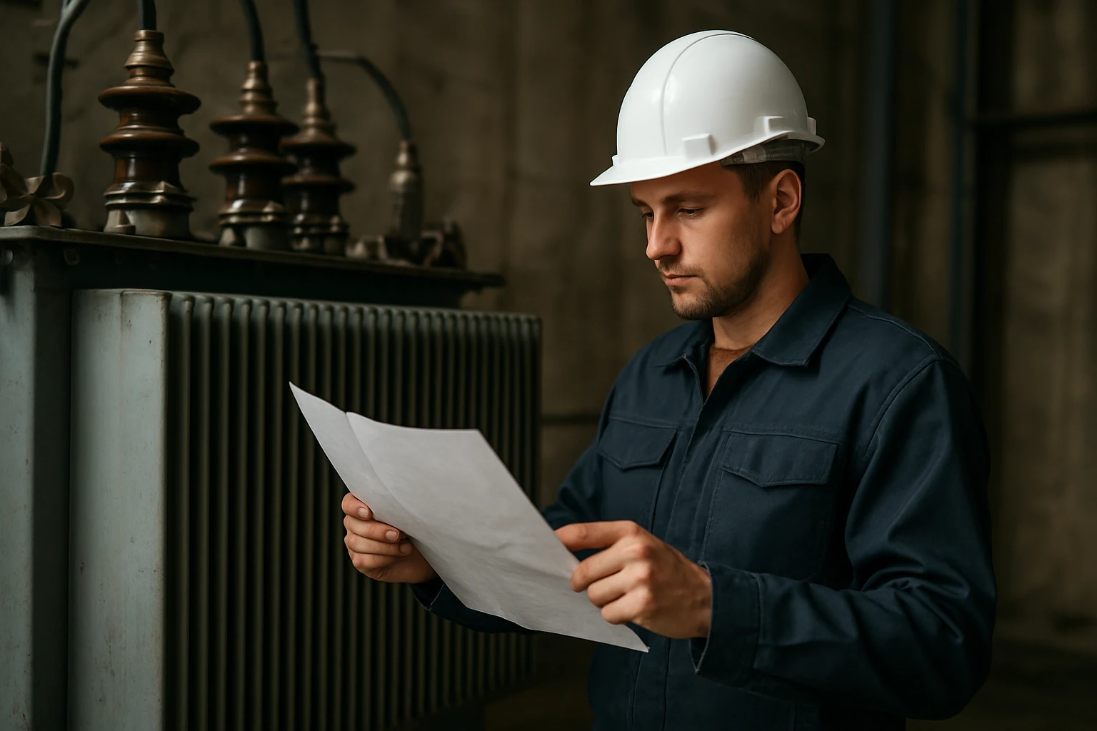 Muž s ochrannou prilbou skúma dokumenty pri transformátore.