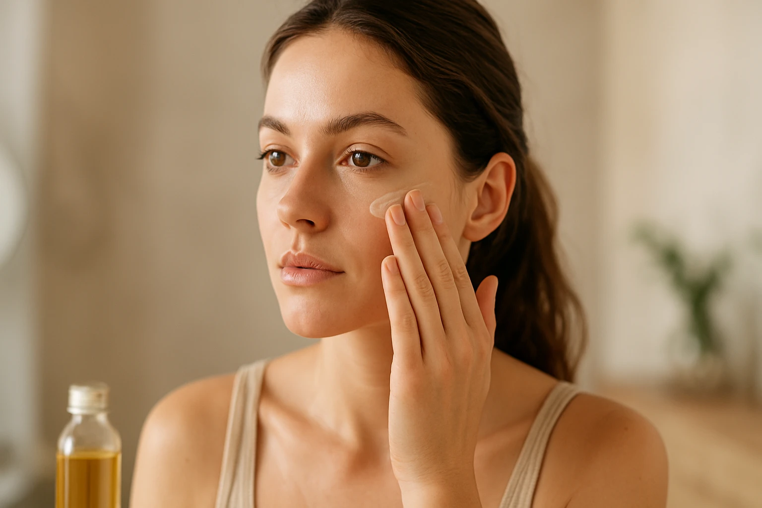 Žena nanášajúca pleťový produkt na svoj tvár pre zdravú pleť.
