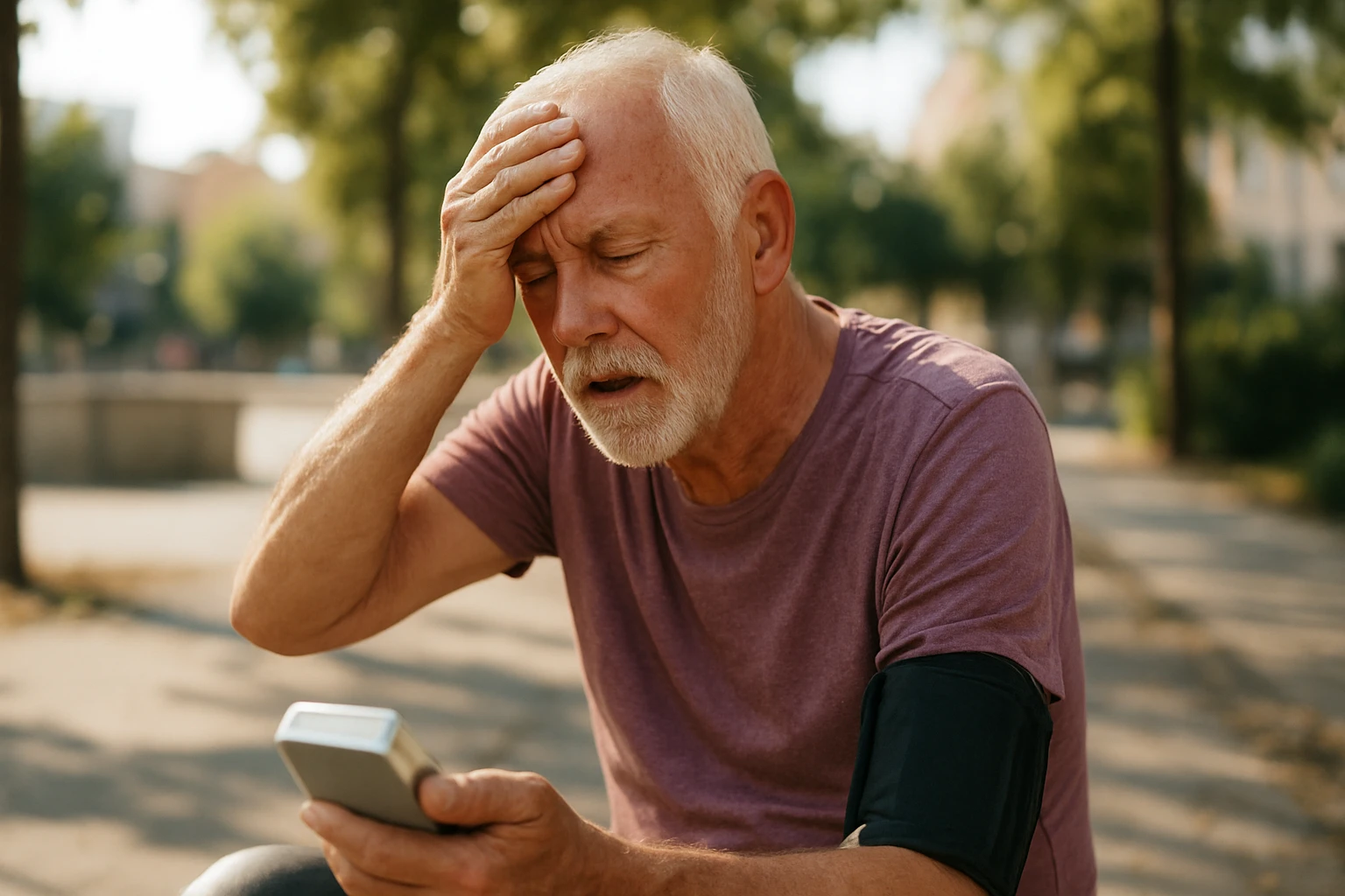 Starší muž meria krvný tlak počas horúčavy, vyjadruje obavy.